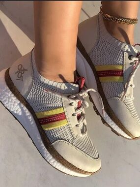 OTBT White Knit Sneakers with Red & Yellow Stripe Accent